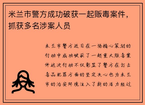 米兰市警方成功破获一起贩毒案件，抓获多名涉案人员